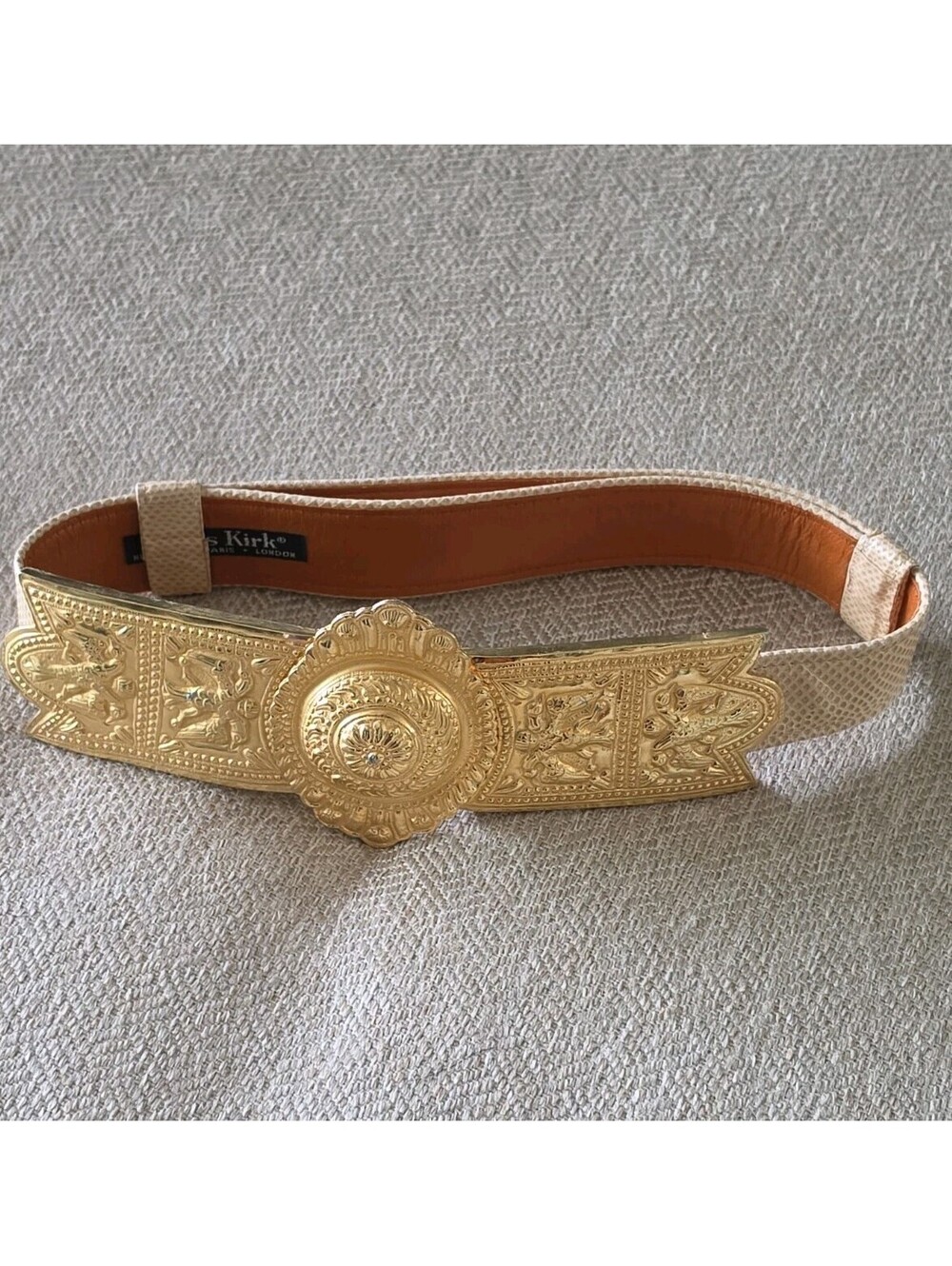 80s Vtg Designer ALEXIS KIRK STATEMENT BELT Etruscan Gold Plated Buckle 33"